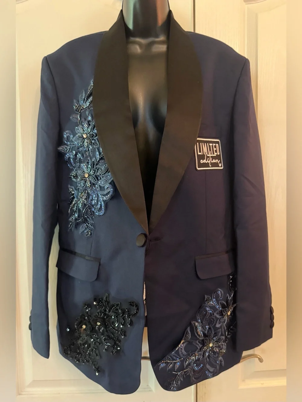 Upcycled unisex Navy Satin-Lapel Embroidered Blazer size 42 r or size M